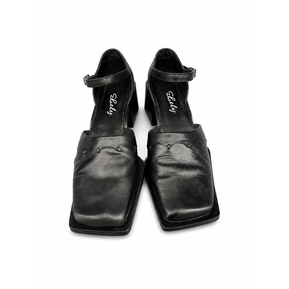 Lily Womens Black Leather Square Toe Block Heel Ankle Strap Sandals Size 37